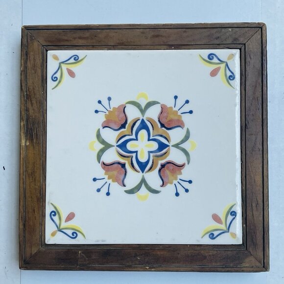 Ceramic Retro Floral Tile Trivet Wood Frame Hand Painted Made In Italy - Picture 1 of 5